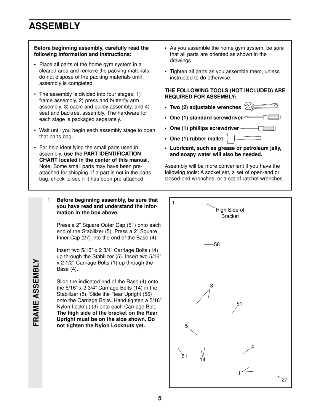 Weider WESY85100 user manual Following Tools not Included are Required for Assembly 