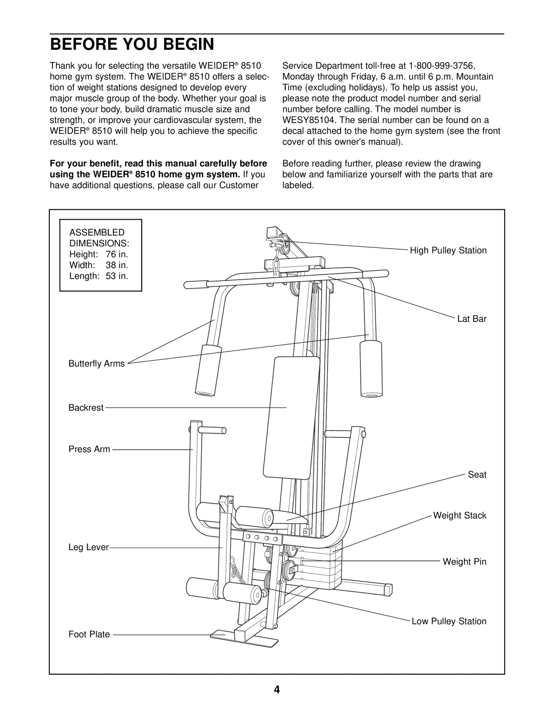 Weider WESY85104 user manual Before YOU Begin, Using the Weider 8510 home gym system. If you 