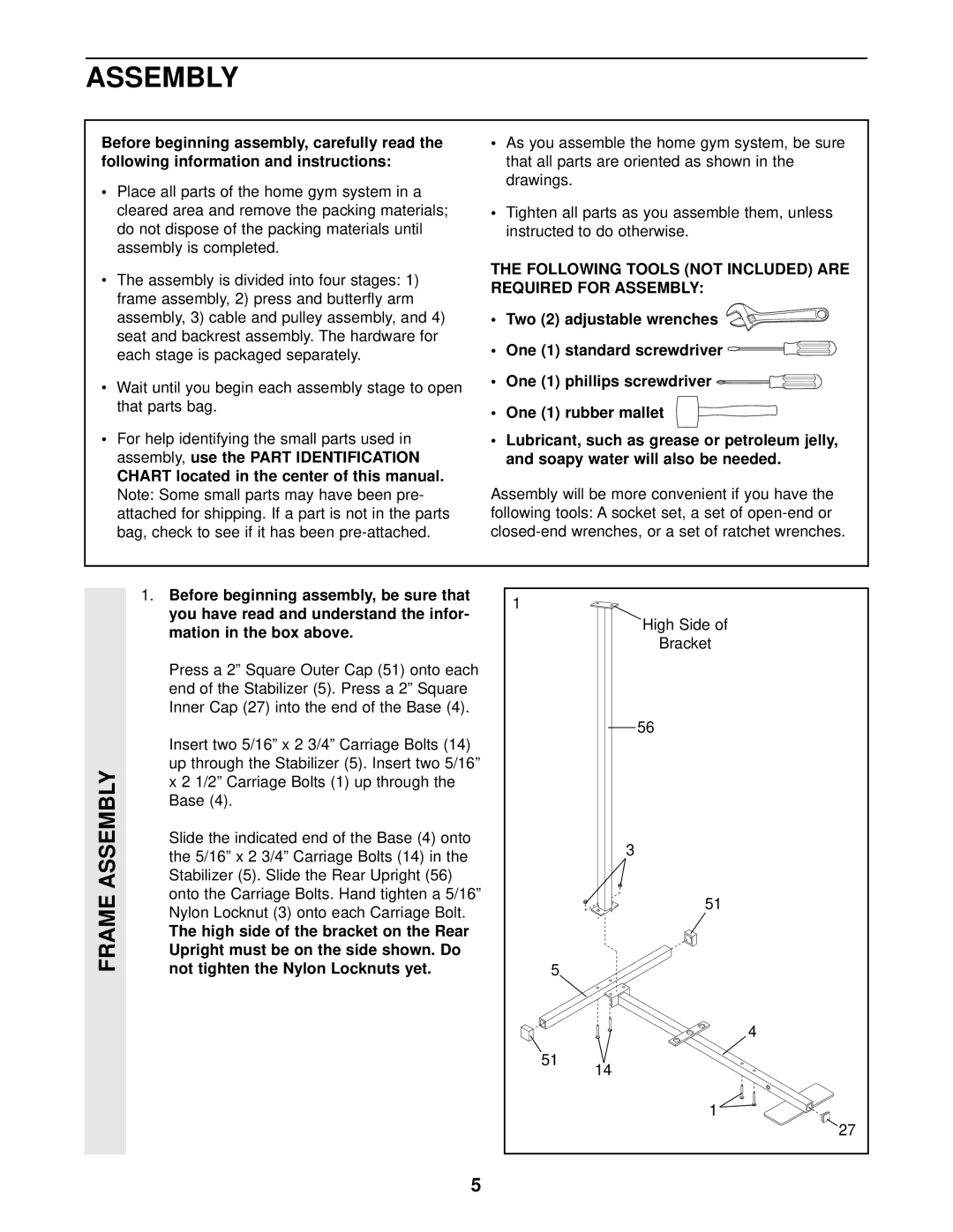 Weider WESY85104 user manual Frame Assembly, Following Tools not Included are Required for Assembly 