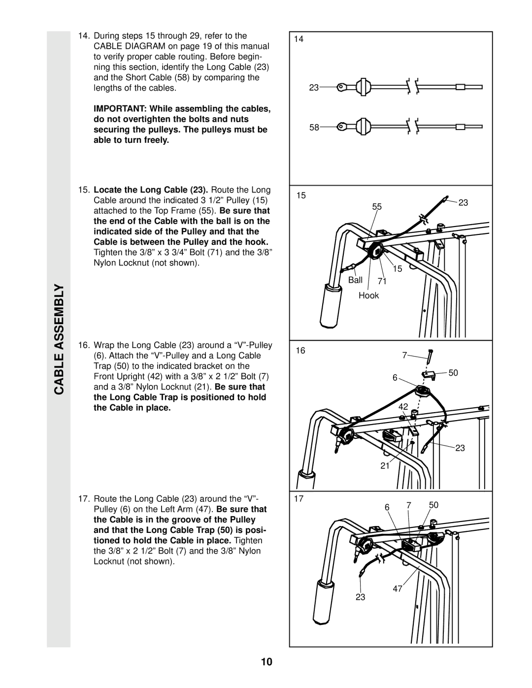 Weider WESY85201 Cable Assembly, Locate the Long Cable, A 3/8 Nylon Locknut, Cable in place, Pulley 6 on the Left Arm 