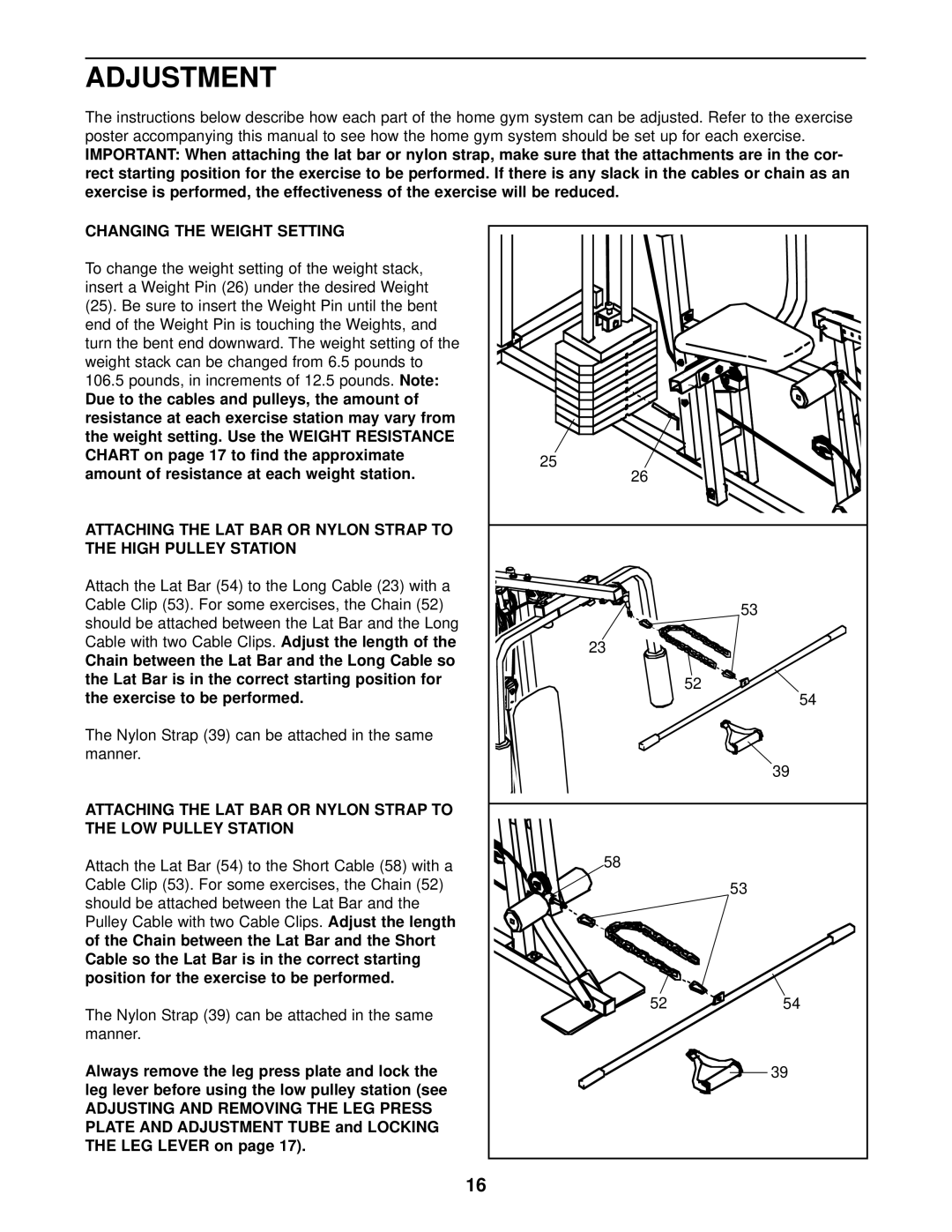 Weider WESY85201 user manual Adjustment, Changing the Weight Setting, Amount of resistance at each weight station 