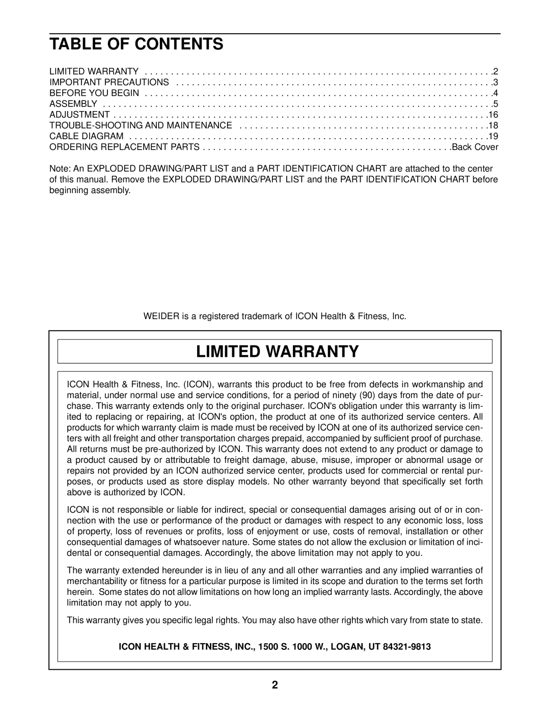 Weider WESY85201 user manual Table of Contents, Limited Warranty 