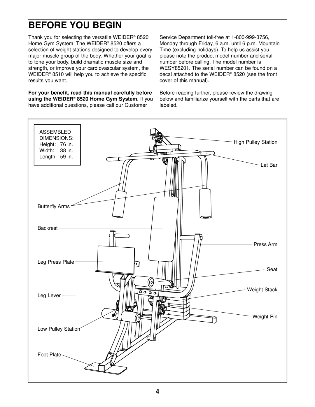 Weider WESY85201 user manual Before YOU Begin, Using the Weider 