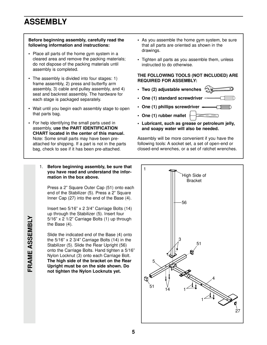 Weider WESY85201 user manual Assembly, use the Part Identification, Not tighten the Nylon Locknuts yet 