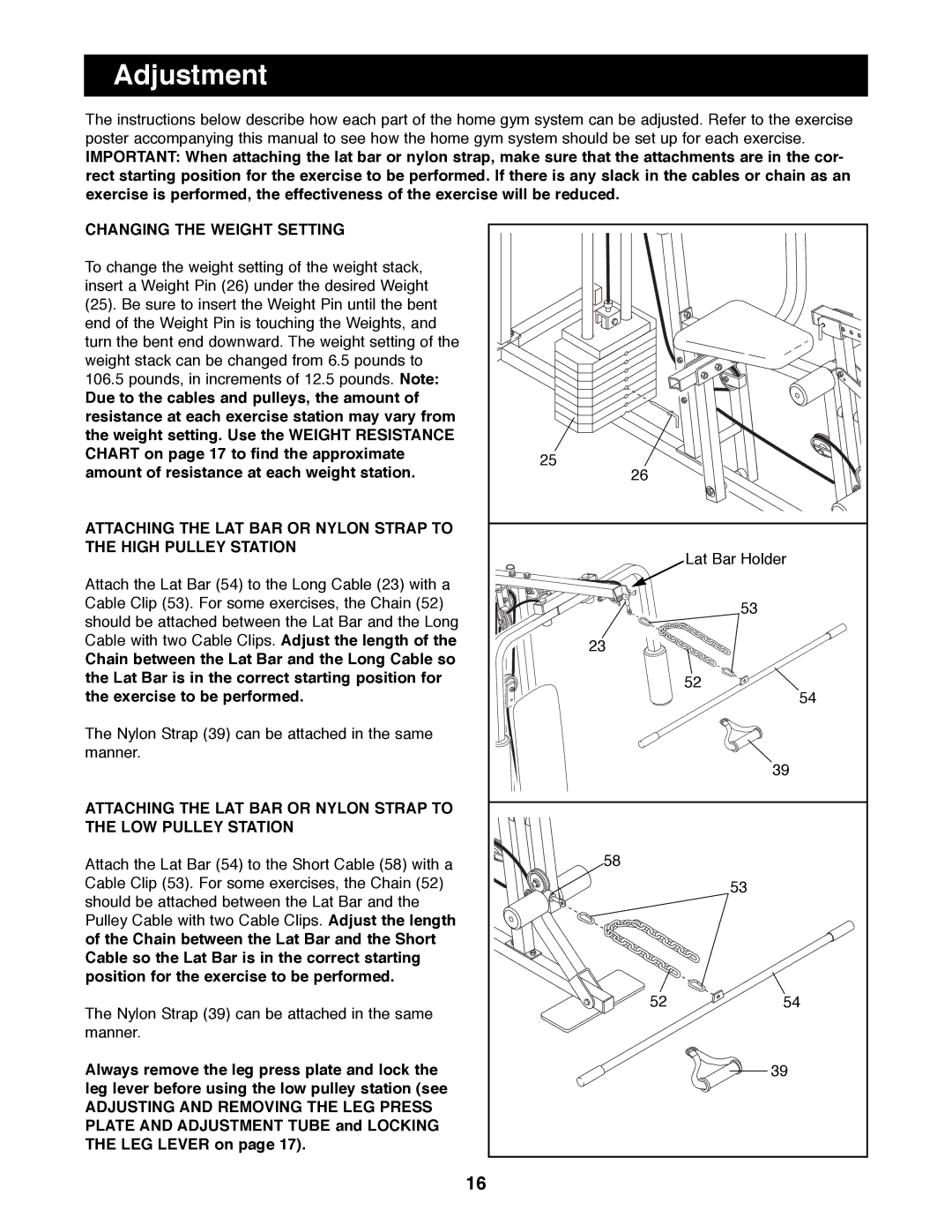 Weider WESY85290 manual Adjustment, Changing the Weight Setting 