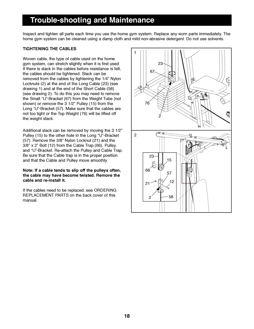 Weider WESY85290 manual Trouble-shooting and Maintenance, Tightening the Cables 