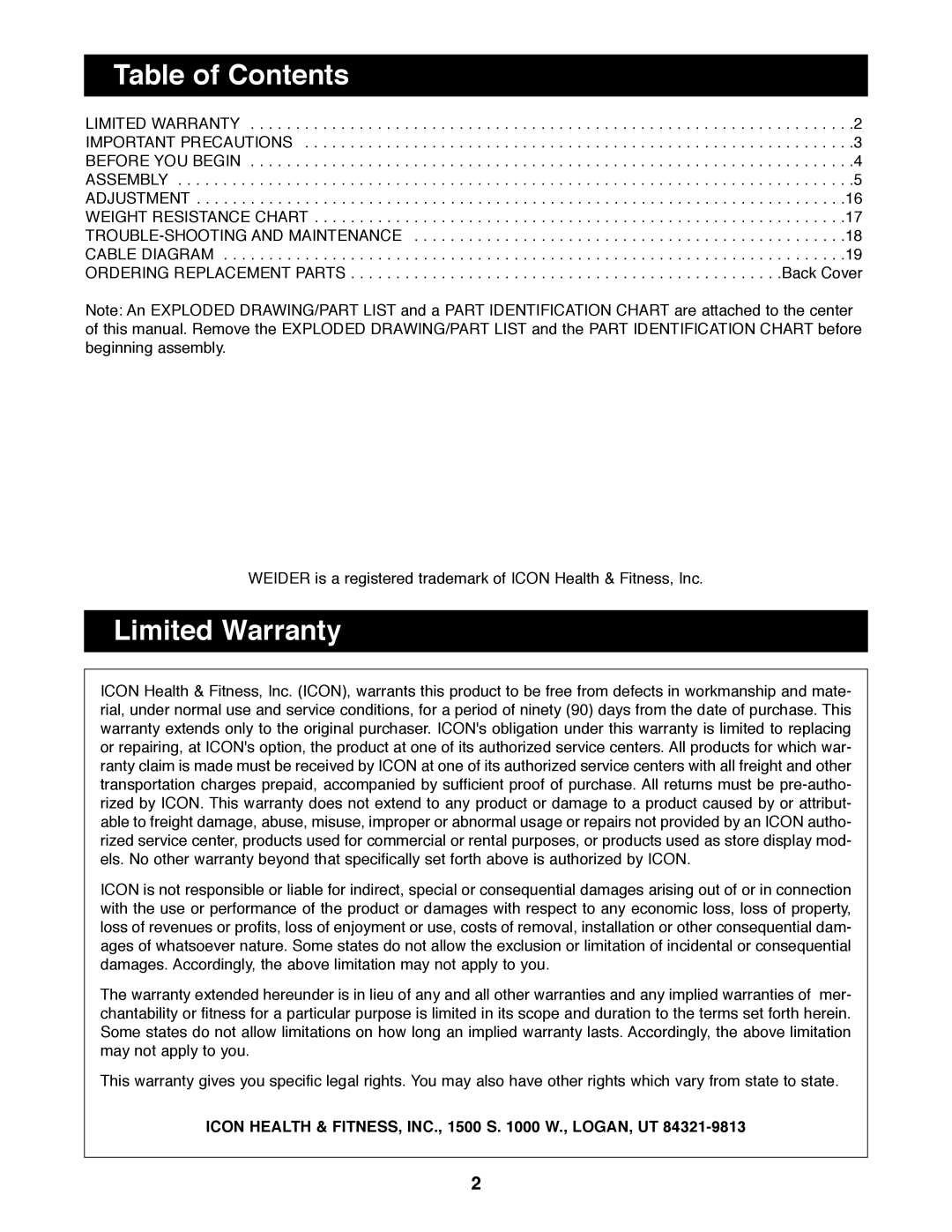 Weider WESY85290 manual Table of Contents, Limited Warranty 