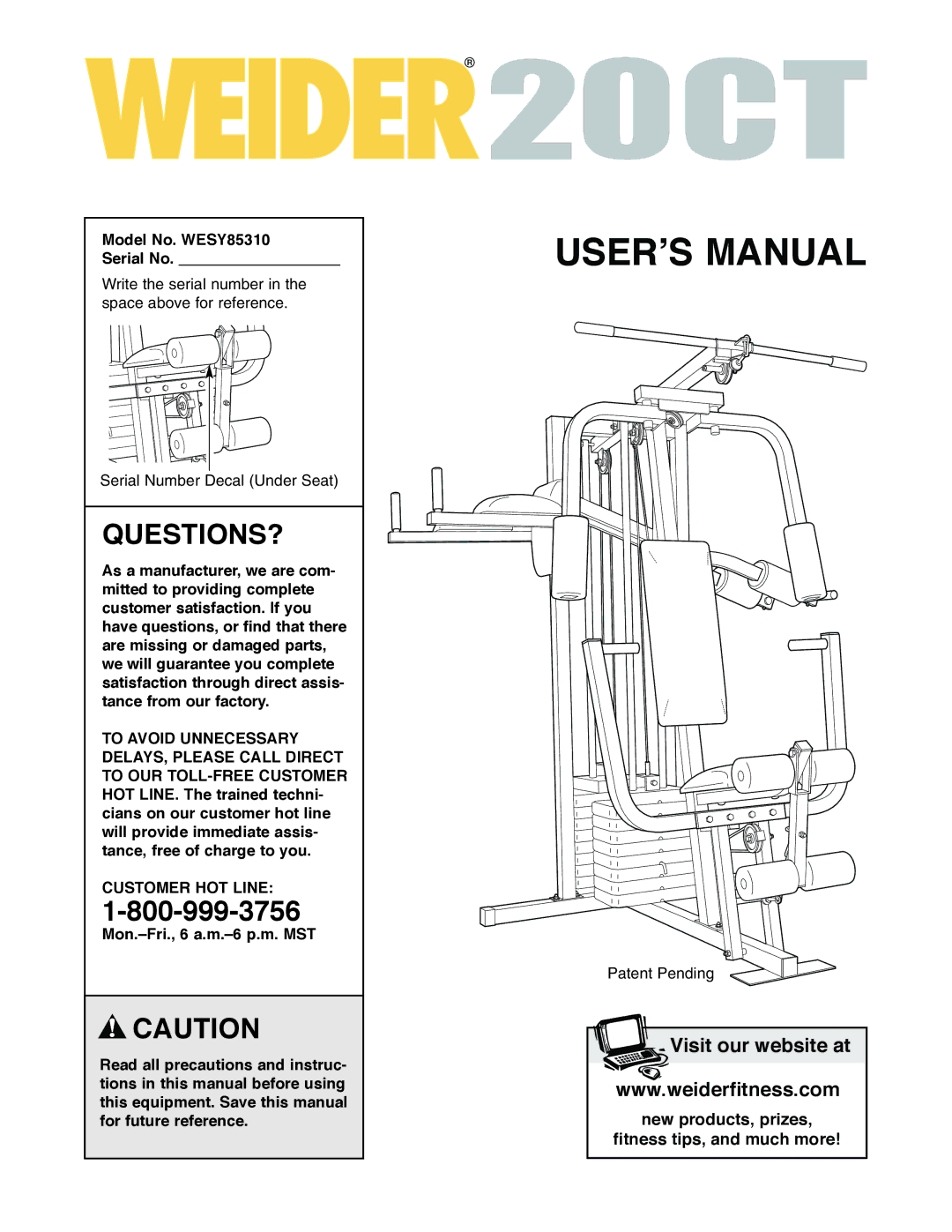 Weider user manual Questions?, Model No. WESY85310 Serial No 