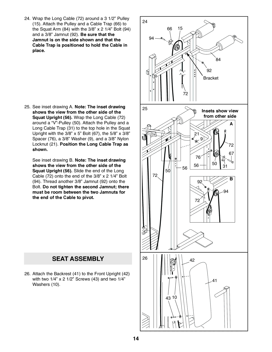 Weider WESY85310 user manual Seat Assembly, Insets show view, Shows the view from the other side From other side 