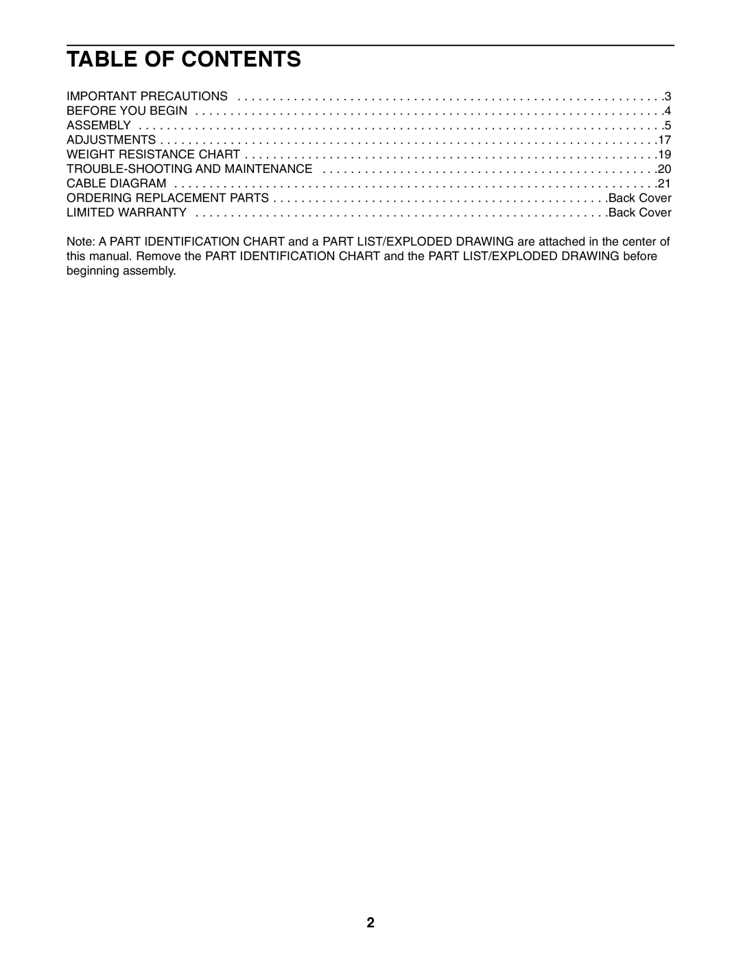 Weider WESY85310 user manual Table of Contents 