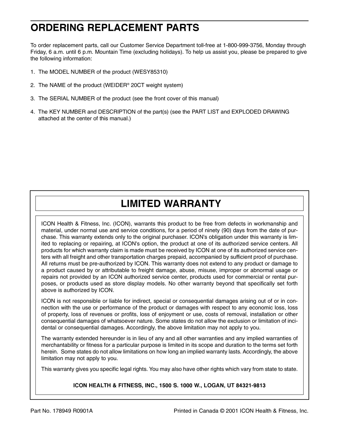 Weider WESY85310 Ordering Replacement Parts, Limited Warranty, Icon Health & FITNESS, INC., 1500 S W., LOGAN, UT 