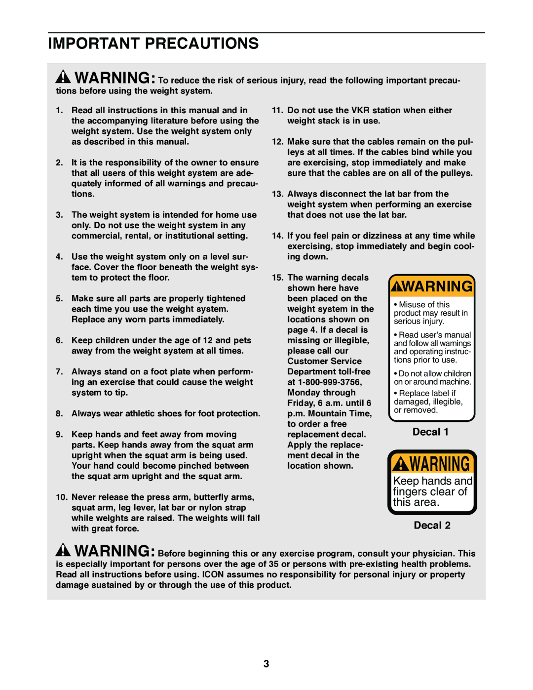 Weider WESY85310 user manual Important Precautions 