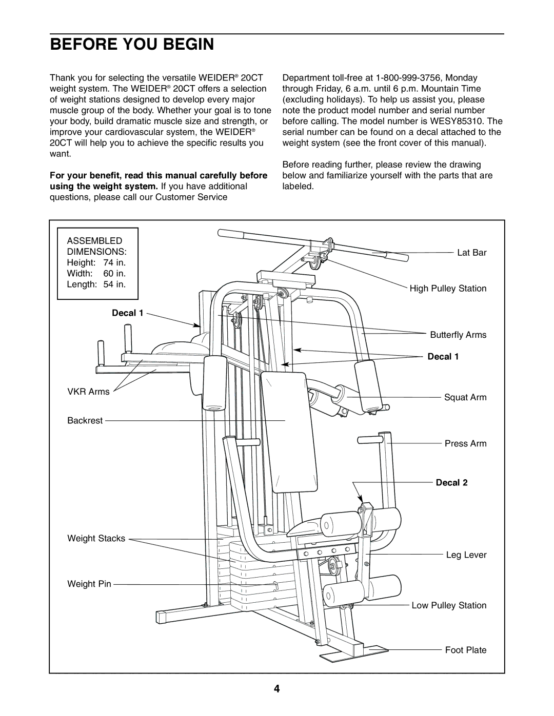 Weider WESY85310 user manual Before YOU Begin, Decal 