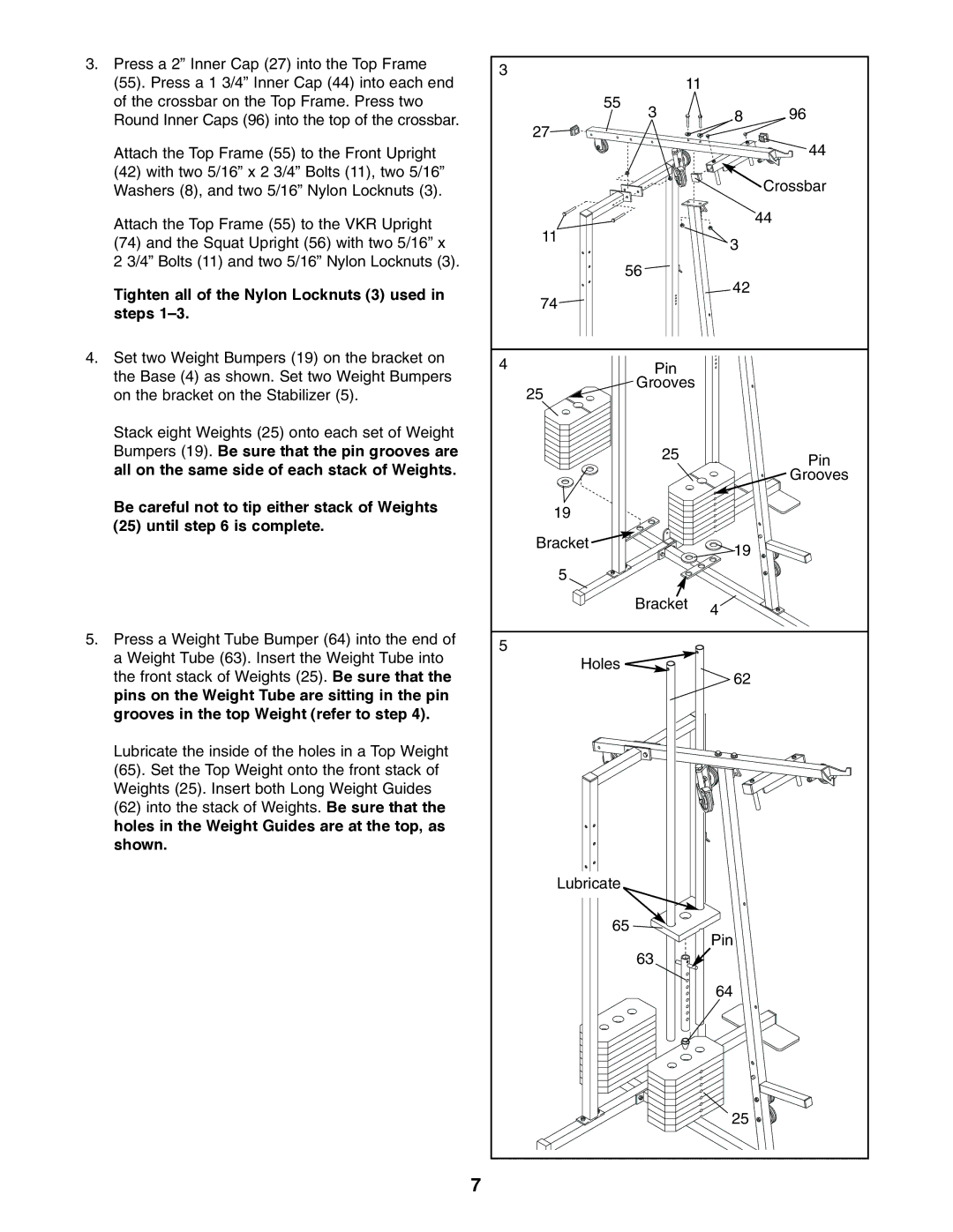 Weider WESY85310 user manual Tighten all of the Nylon Locknuts 3 used in steps 