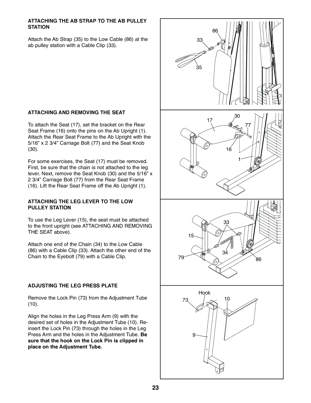 Weider WESY86301 user manual Attaching the AB Strap to the AB Pulley Station, Attaching and Removing the Seat 