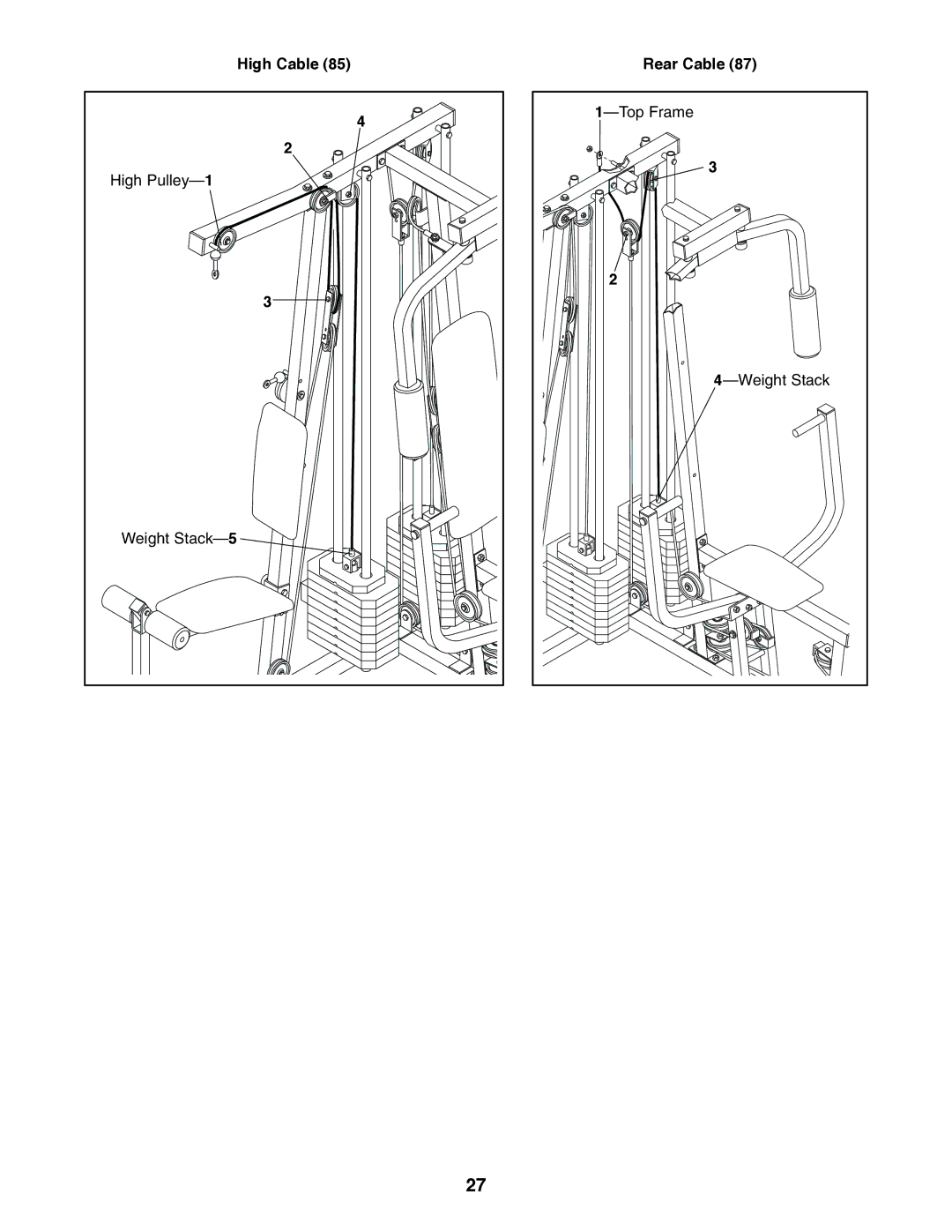 Weider WESY86301 user manual High Cable High Pulley-1 Weight Stack-5 Rear Cable Top Frame 