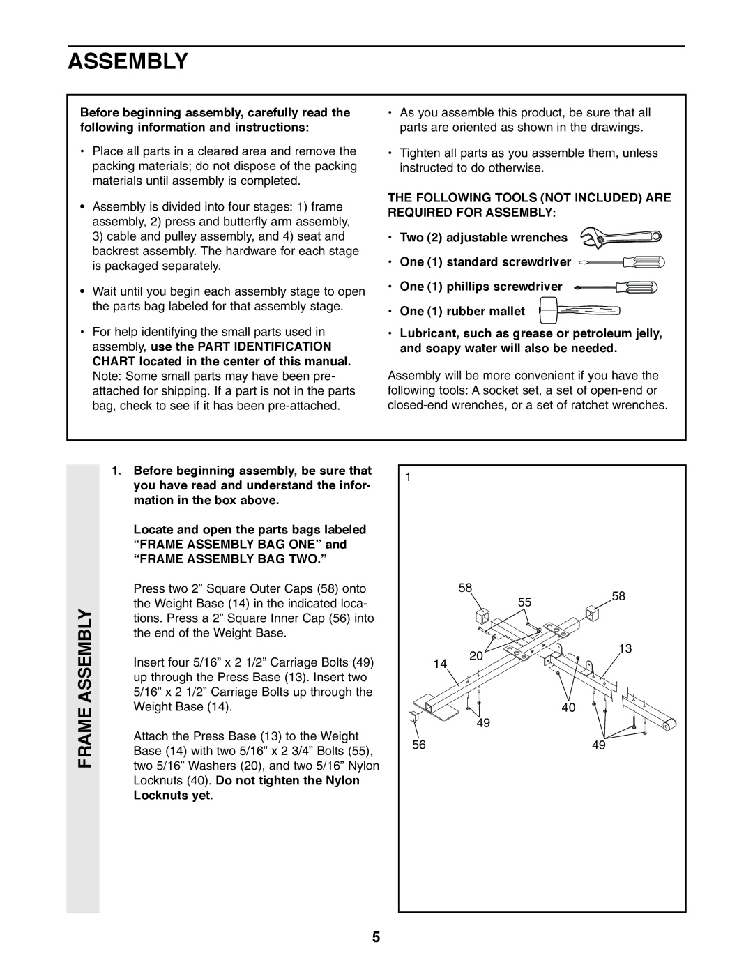 Weider WESY86301 user manual Following Tools not Included are Required for Assembly, Frame Assembly BAG TWO 