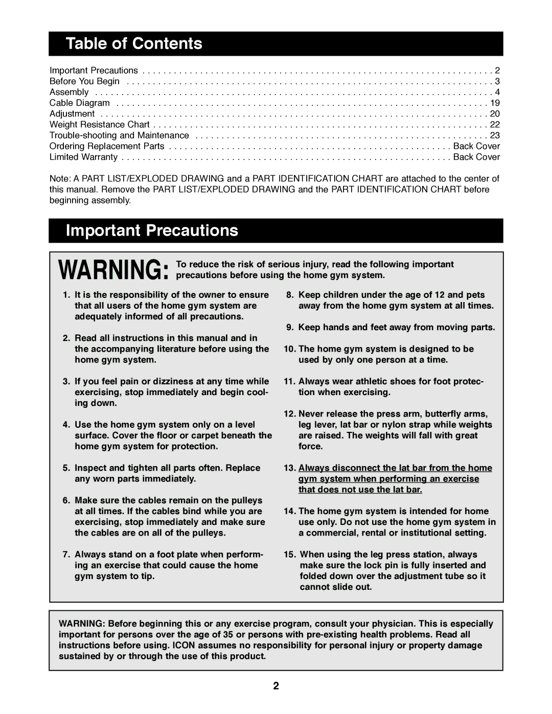 Weider WESY91080 manual Table of Contents, Important Precautions 