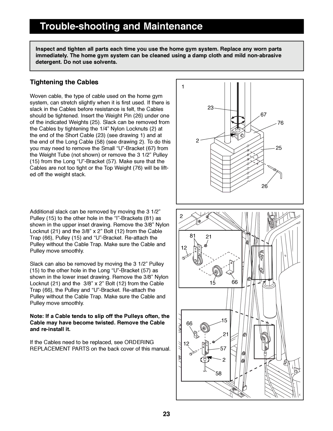 Weider WESY91080 manual Trouble-shooting and Maintenance, Tightening the Cables 