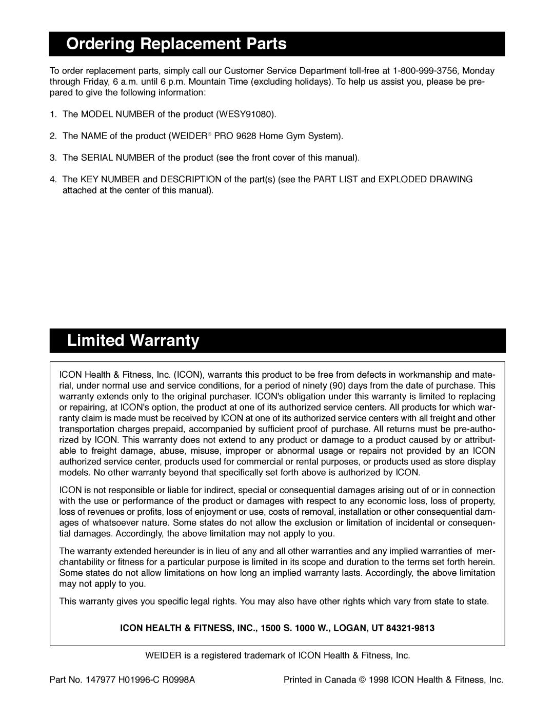 Weider WESY91080 manual Ordering Replacement Parts, Limited Warranty, Icon Health & FITNESS, INC., 1500 S W., LOGAN, UT 