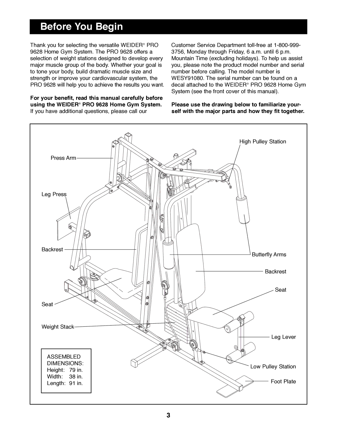 Weider WESY91080 manual Before You Begin 