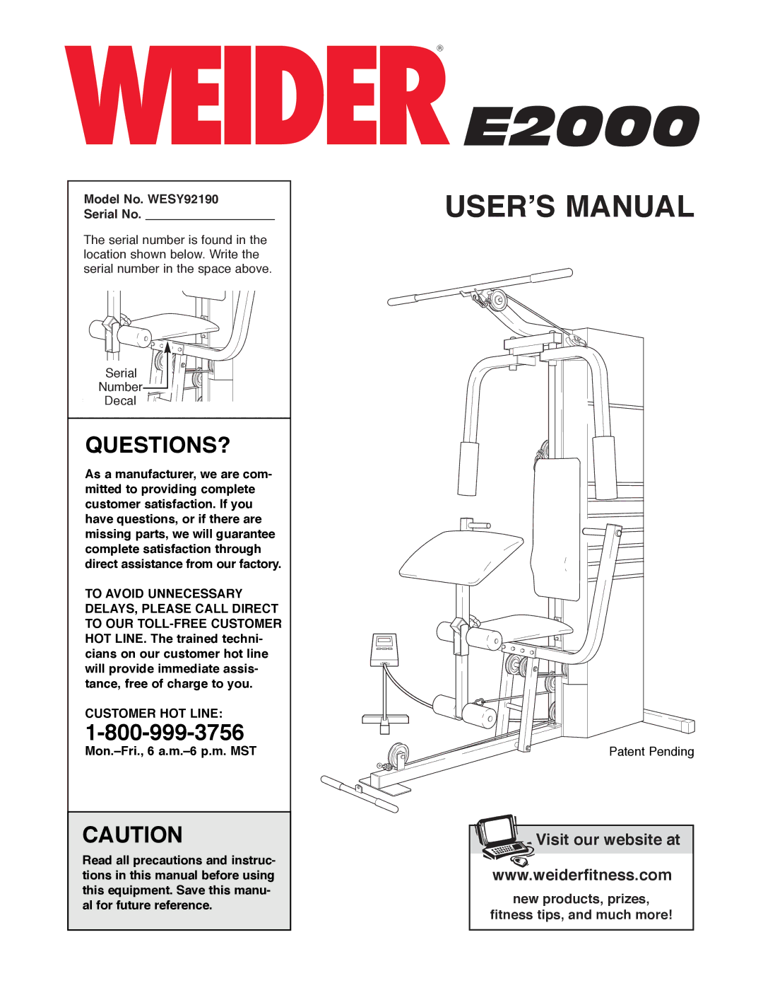 Weider manual Questions?, Model No. WESY92190 Serial No 