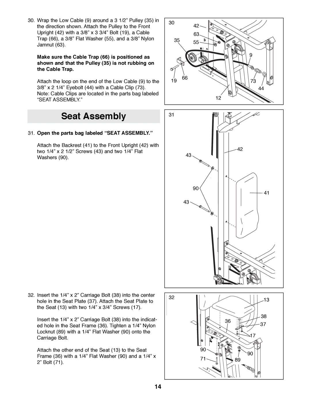 Weider WESY92190 manual Seat Assembly, Open the parts bag labeled Òseat ASSEMBLY.Ó 