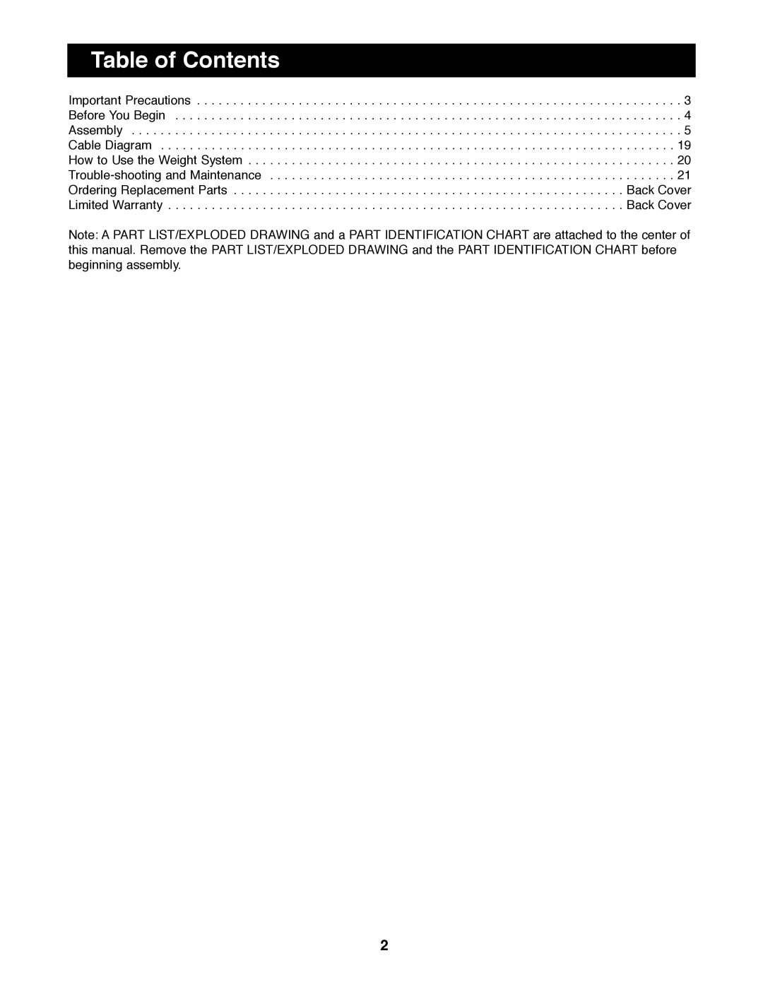 Weider WESY92190 manual Table of Contents 