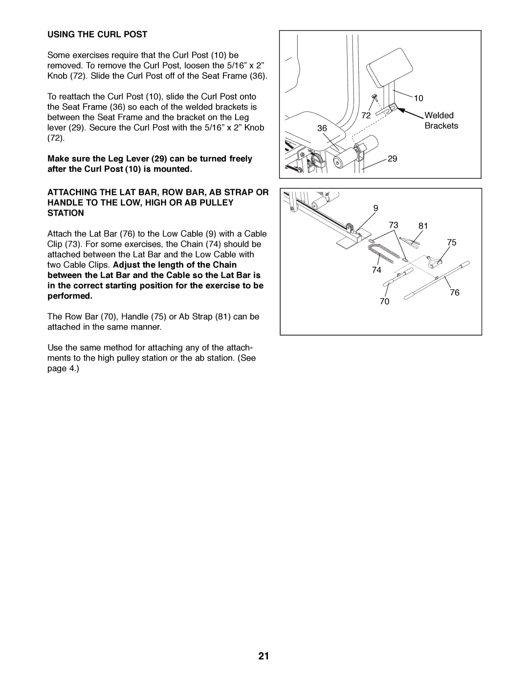 Weider WESY92190 manual Using the Curl Post 