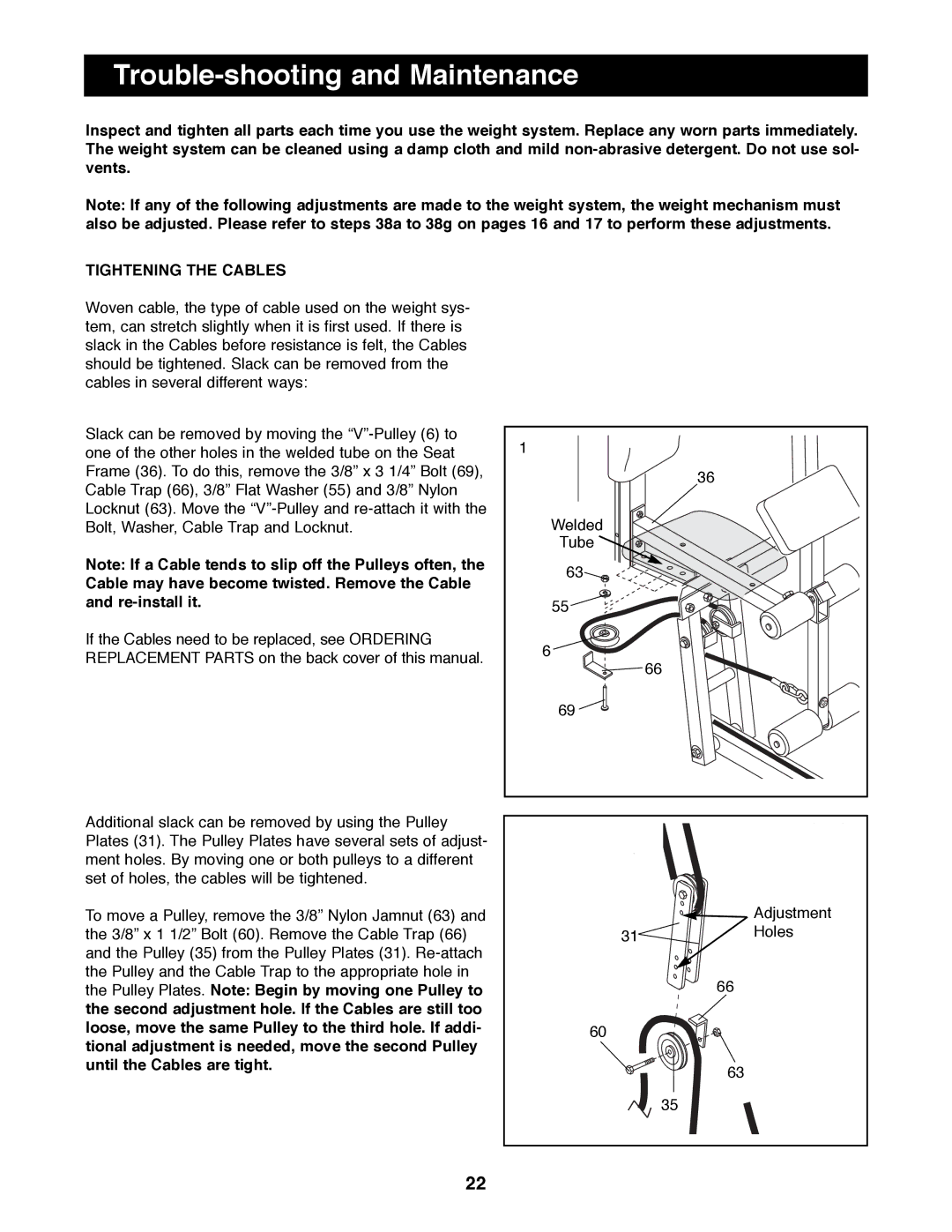 Weider WESY92190 manual Trouble-shooting and Maintenance, Tightening the Cables 