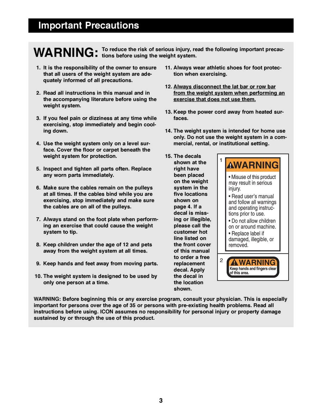 Weider WESY92190 manual Important Precautions 