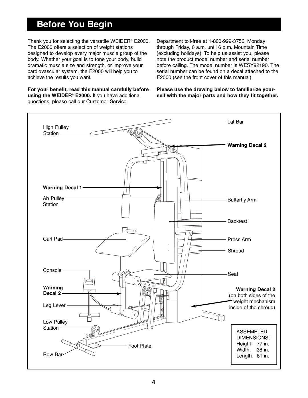 Weider WESY92190 manual Before You Begin, Decal 