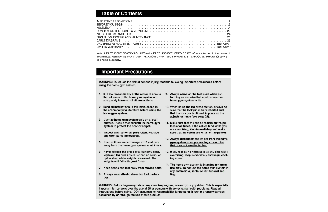 Weider WESY93190 manual Table of Contents, Important Precautions 