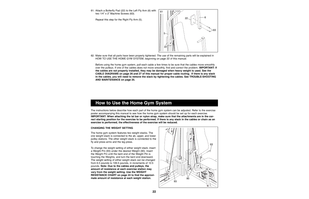 Weider WESY93190 manual How to Use the Home Gym System, Changing the Weight Setting 