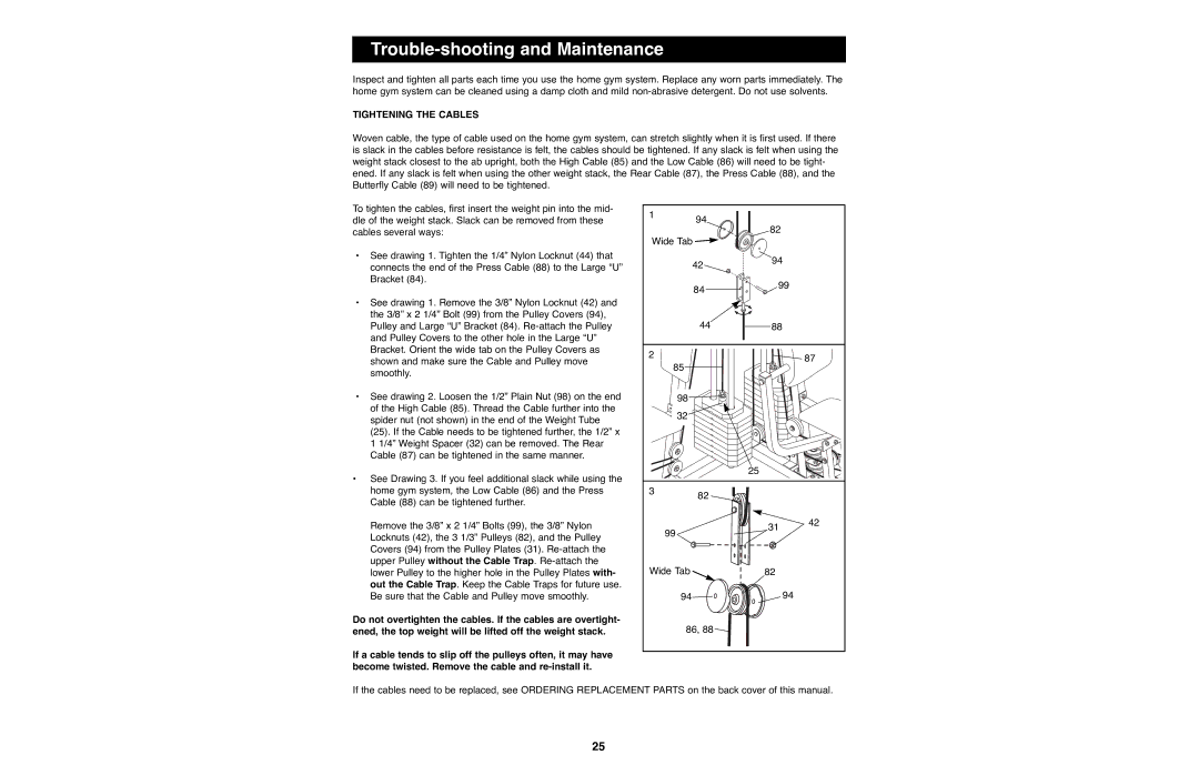 Weider WESY93190 manual Trouble-shooting and Maintenance, Tightening the Cables 