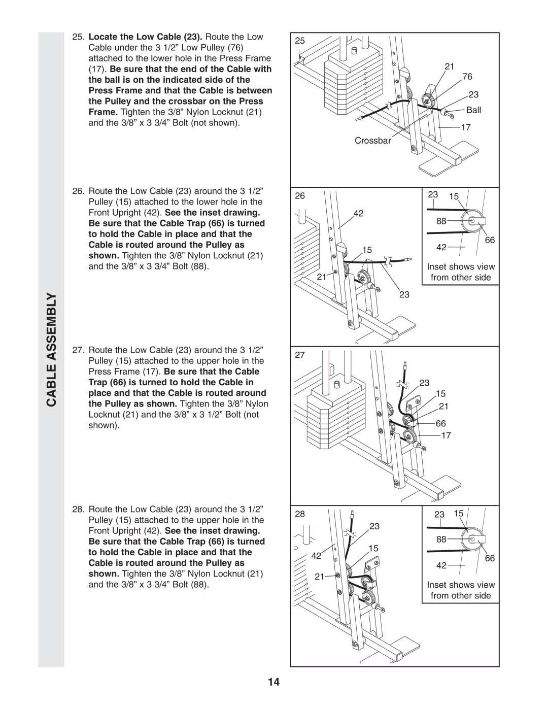 Weider WESY96352 user manual Locate the Low Cable 23. Route the Low 