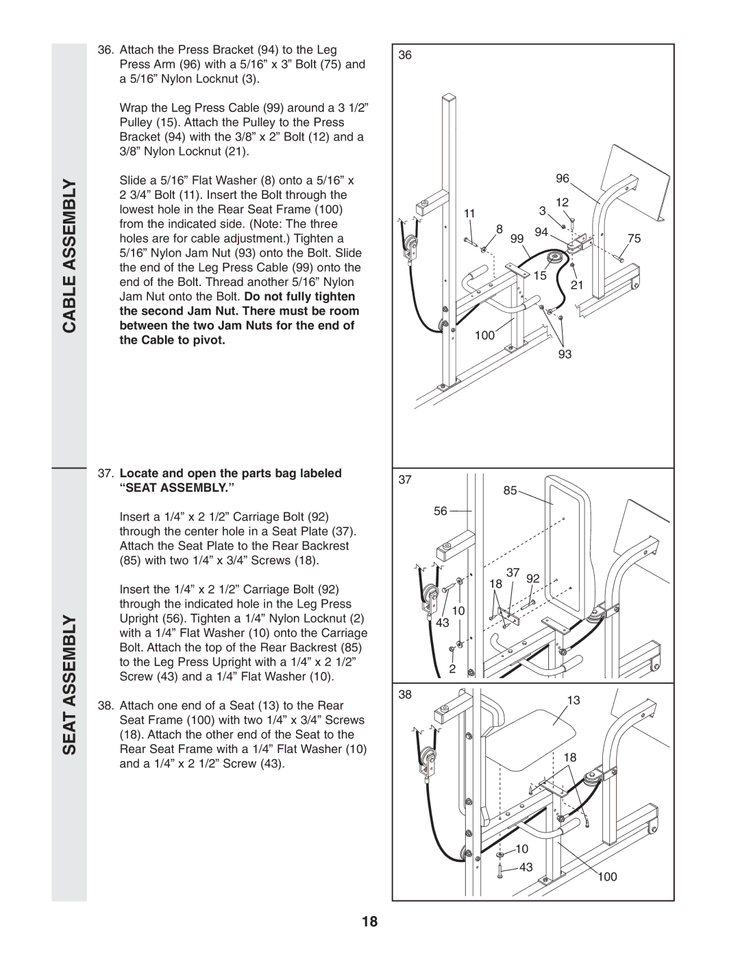 Weider WESY96352 user manual Cable Assembly Seat Assembly, Locate and open the parts bag labeled Seat Assembly 