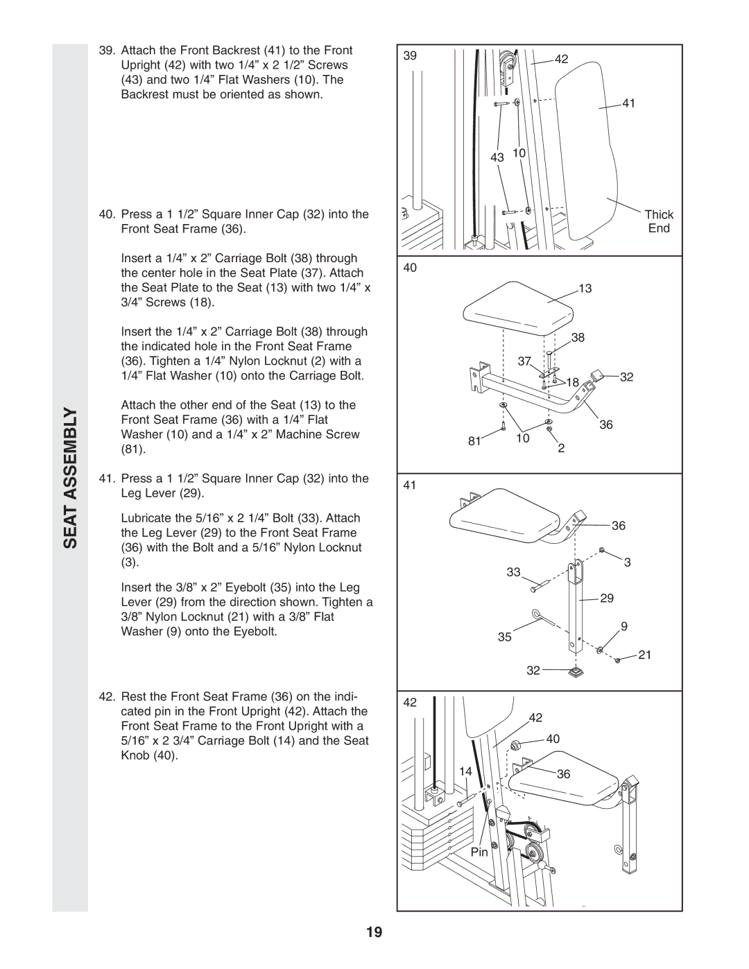 Weider WESY96352 user manual Seat Assembly 