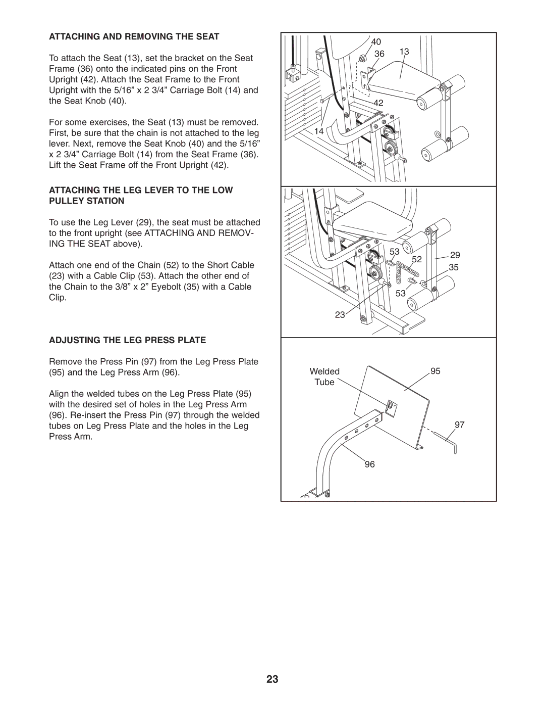 Weider WESY96352 user manual Attaching and Removing the Seat, Attaching the LEG Lever to the LOW Pulley Station 