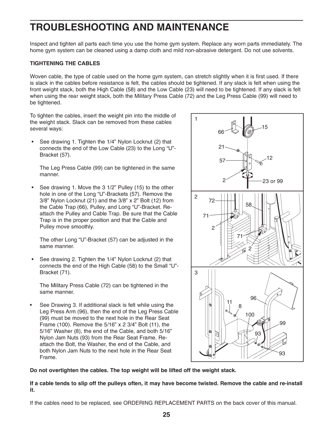 Weider WESY96352 user manual Troubleshooting and Maintenance, Tightening the Cables 