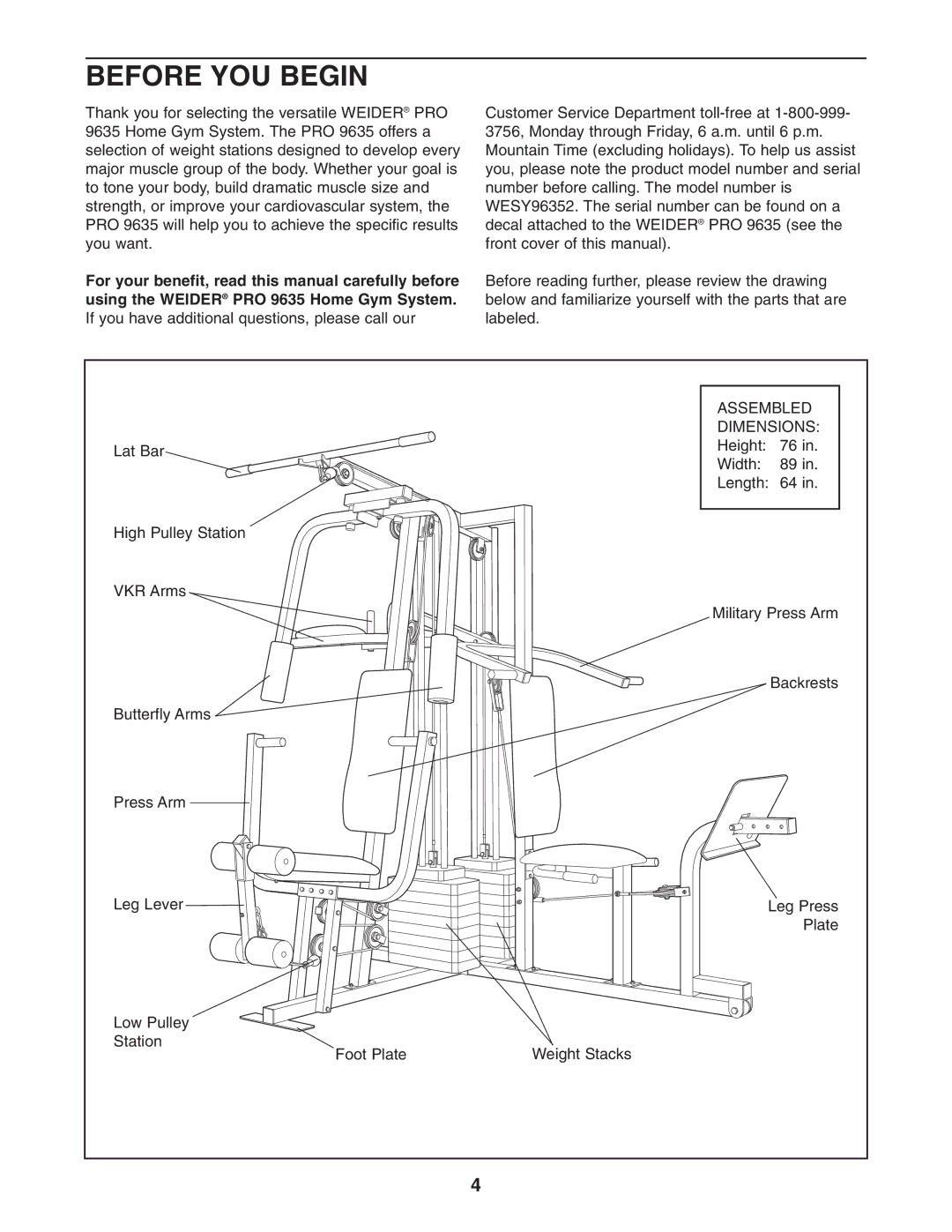 Weider WESY96352 user manual Before YOU Begin, Dimensions 