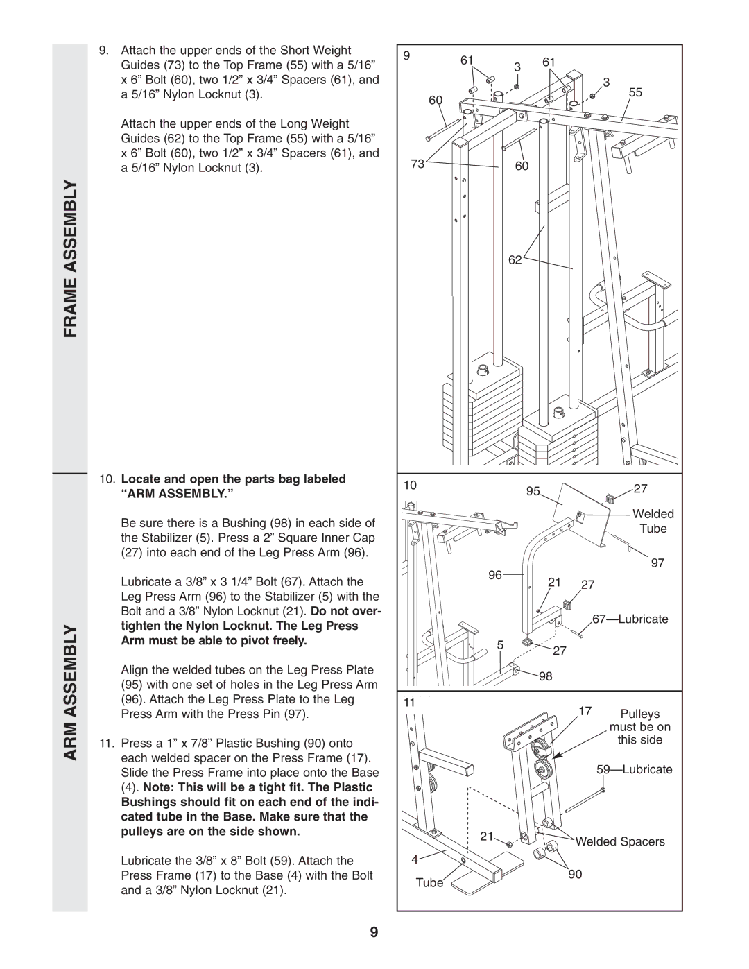 Weider WESY96352 Arm, Locate and open the parts bag labeled ARM Assembly, Bushings should fit on each end of the indi 