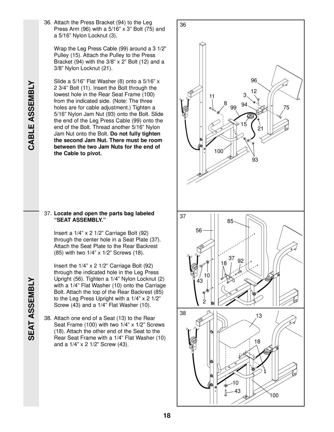 Weider WESY96400 user manual Cable Assembly Seat Assembly, Locate and open the parts bag labeled Seat Assembly 