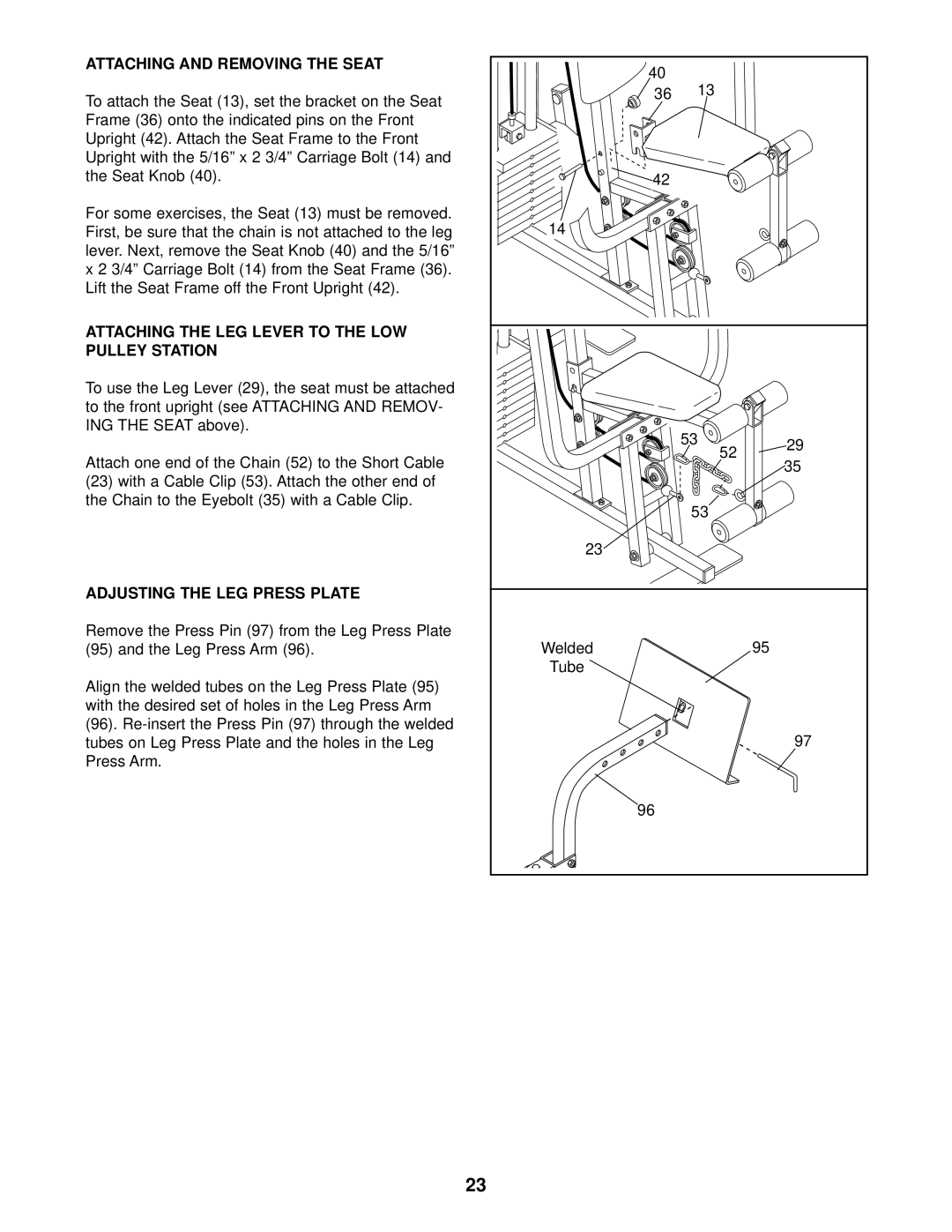 Weider WESY96400 user manual Attaching and Removing the Seat, Attaching the LEG Lever to the LOW Pulley Station 