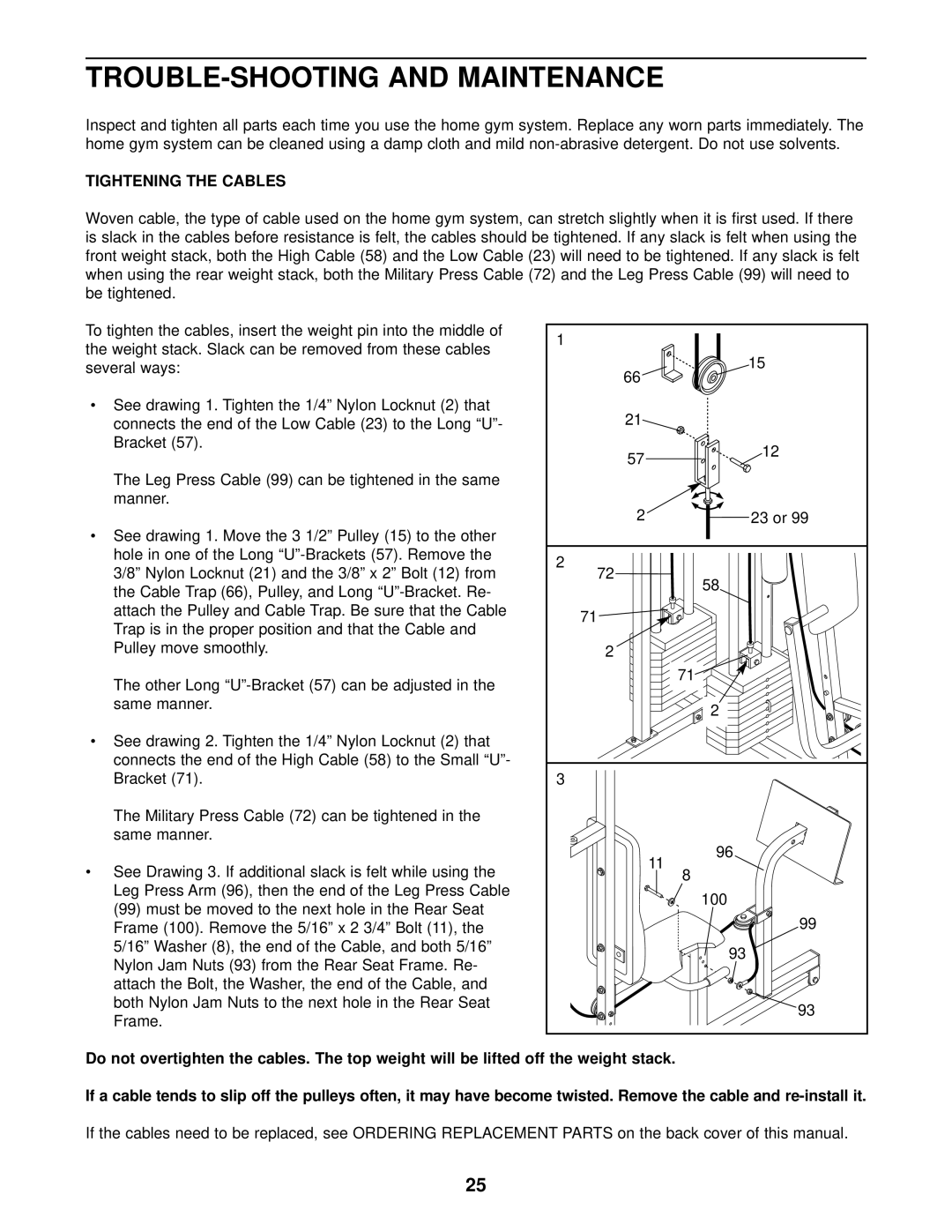 Weider WESY96400 user manual TROUBLE-SHOOTING and Maintenance, Tightening the Cables 