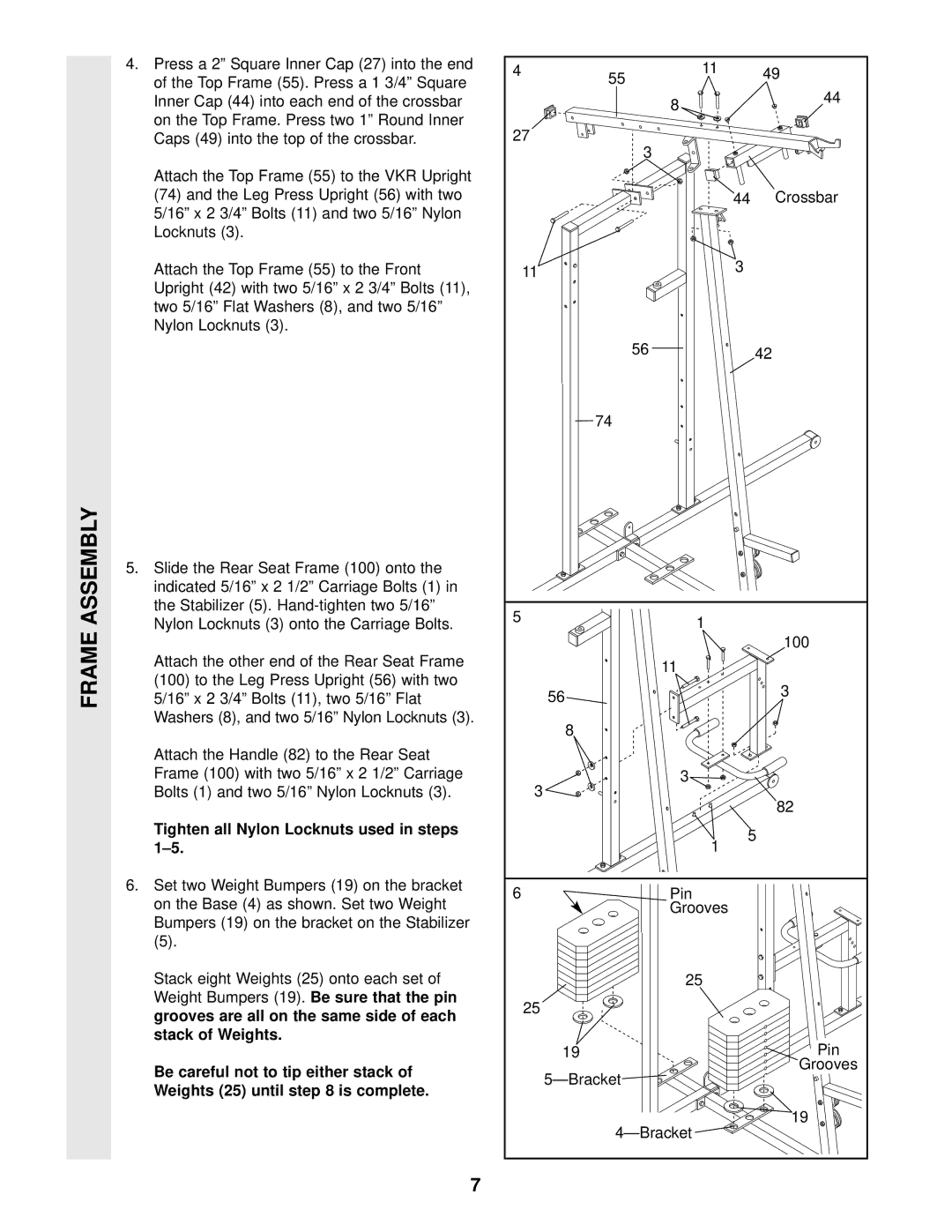 Weider WESY96400 user manual Tighten all Nylon Locknuts used in steps 