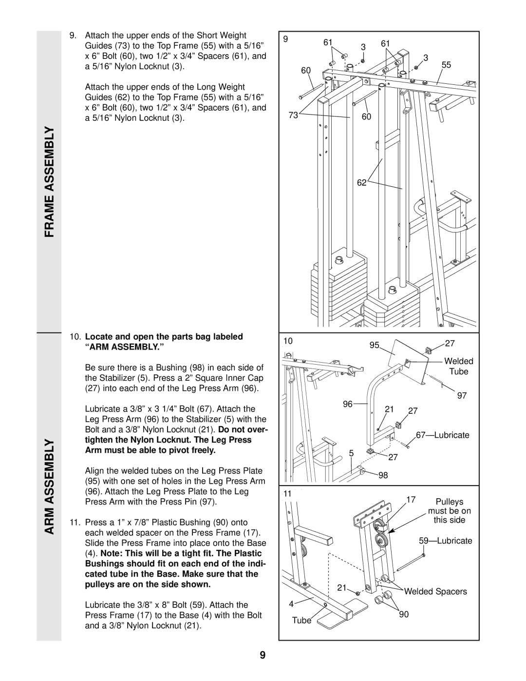 Weider WESY96400 user manual Frame Assembly ARM Assembly 