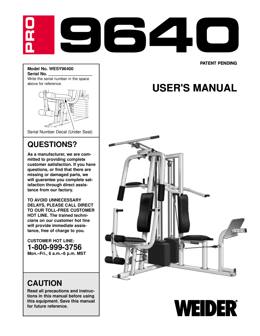 Weider WESY96400 user manual Questions?, Users Manual 