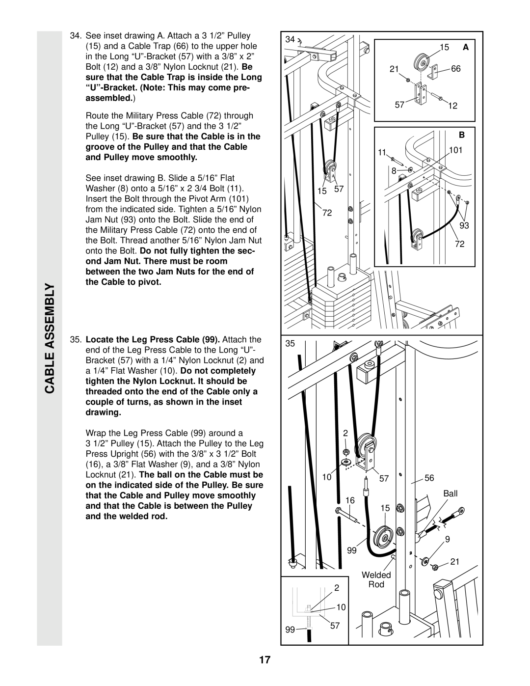 Weider WESY96400 user manual Cable Assembly 