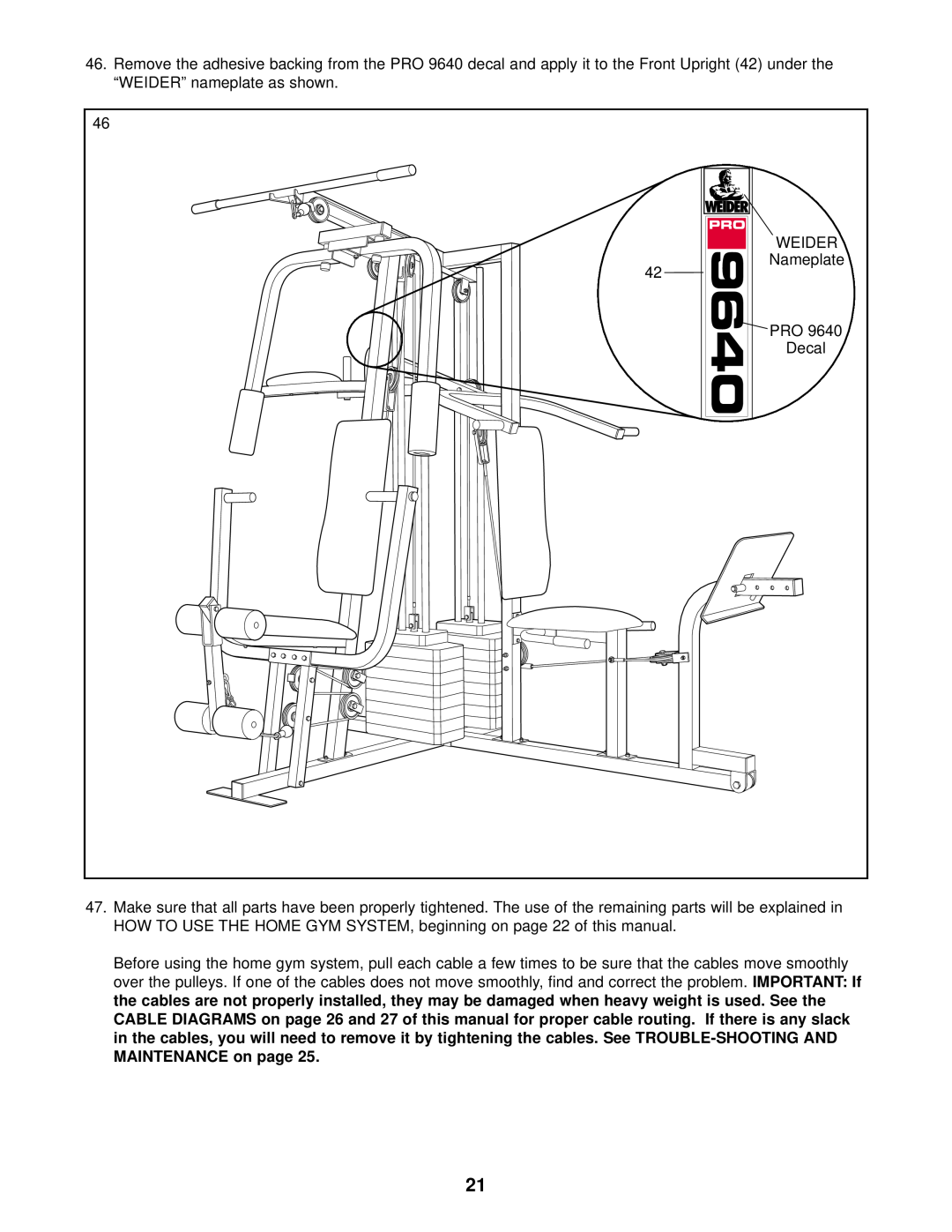 Weider WESY96400 user manual Weider, Nameplate, Decal 